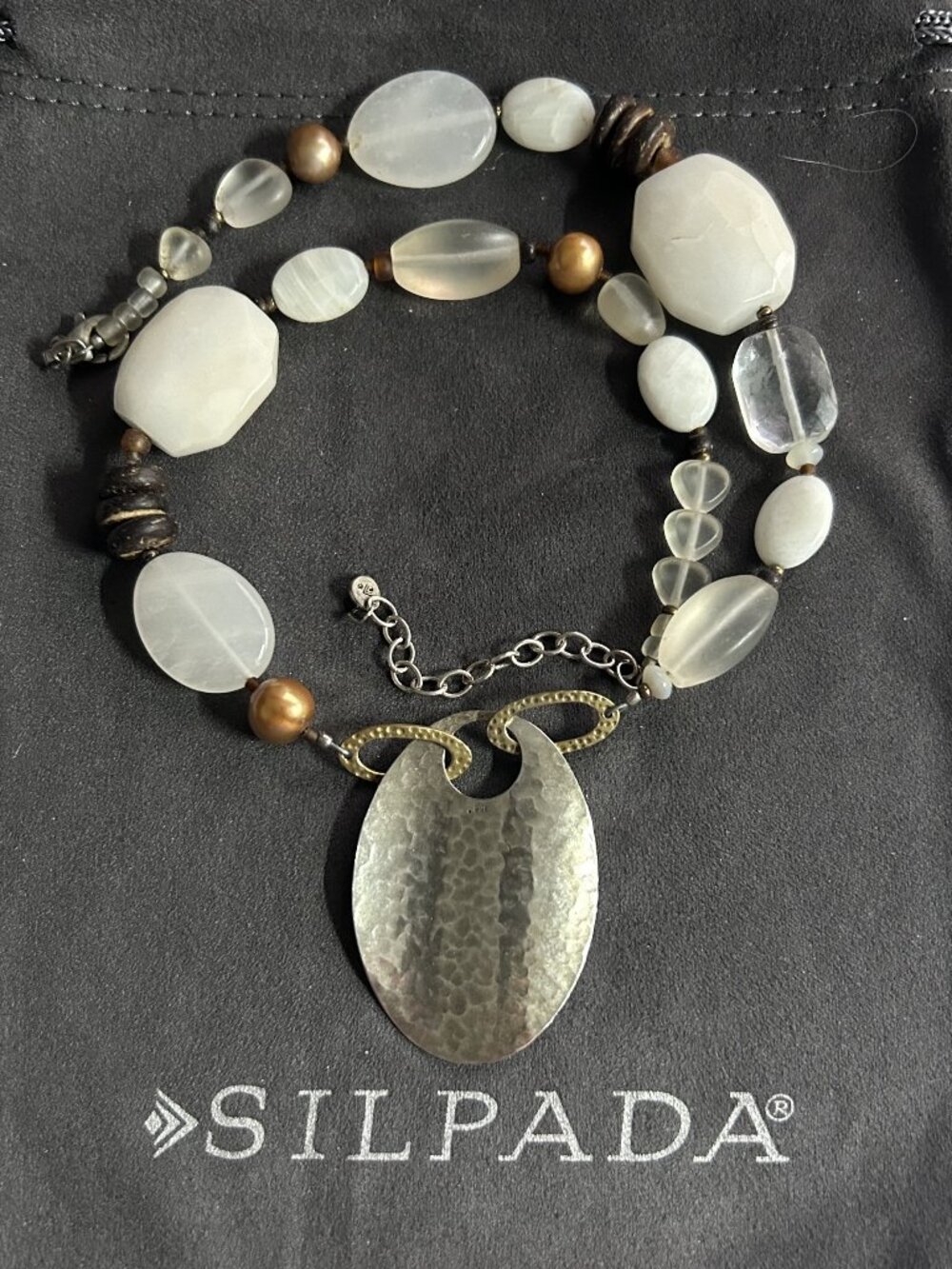 Silpada White Jade, Pearl, Wood & Sterling Silver Necklace N1899